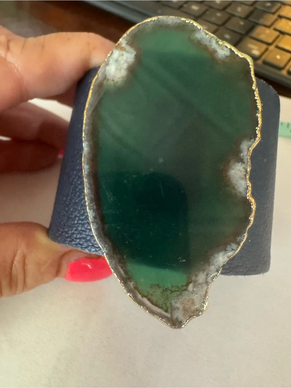Handcrafted Green Agate Statement Cuff Bracelet - Navy Leather Band